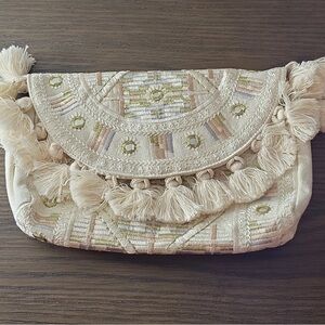 NWOT Shiraleah Anya Clutch with Tassels and Mirrors, White & Cream